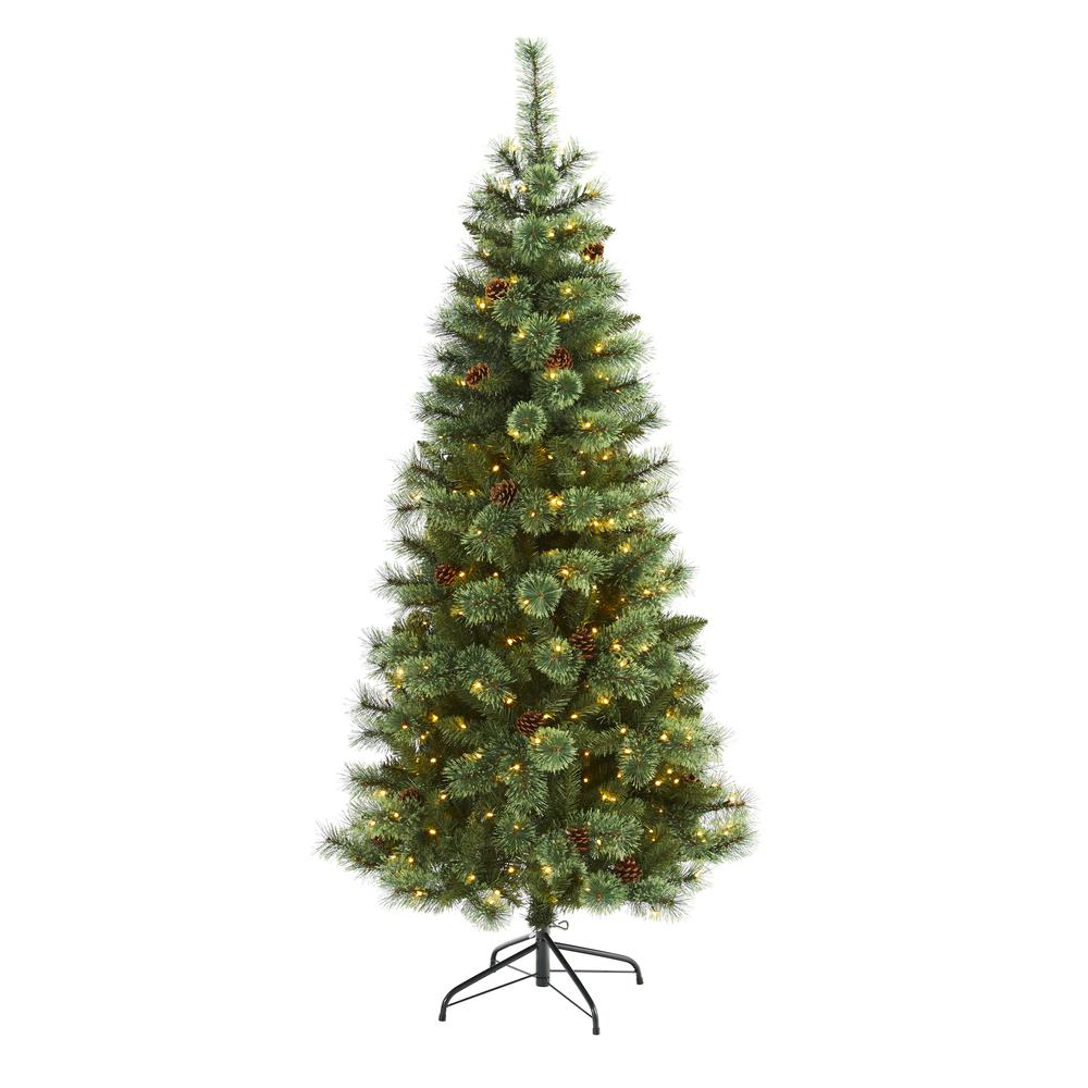 6ft. White Mountain Pine Artificial Christmas Tree with 300 Clear LED Lights and Pine Cones. Picture 4