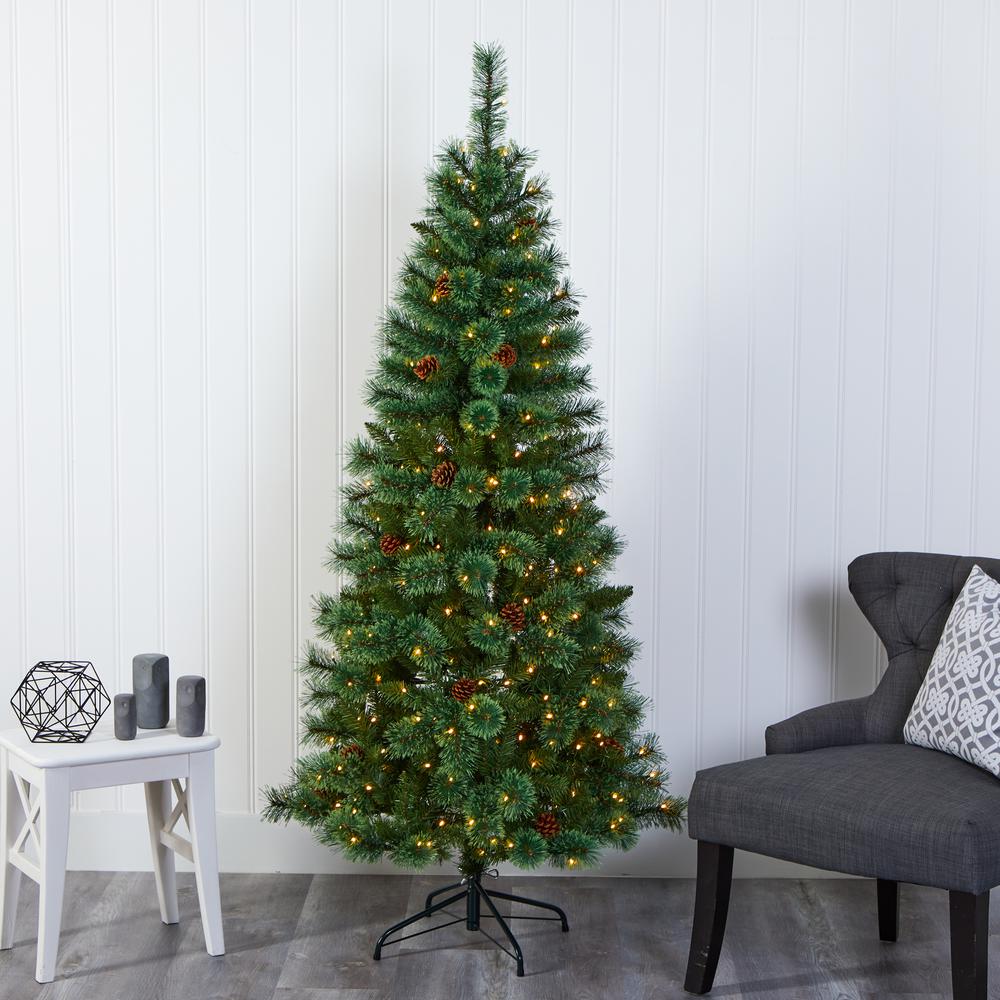 6ft. White Mountain Pine Artificial Christmas Tree with 300 Clear LED Lights and Pine Cones. Picture 7