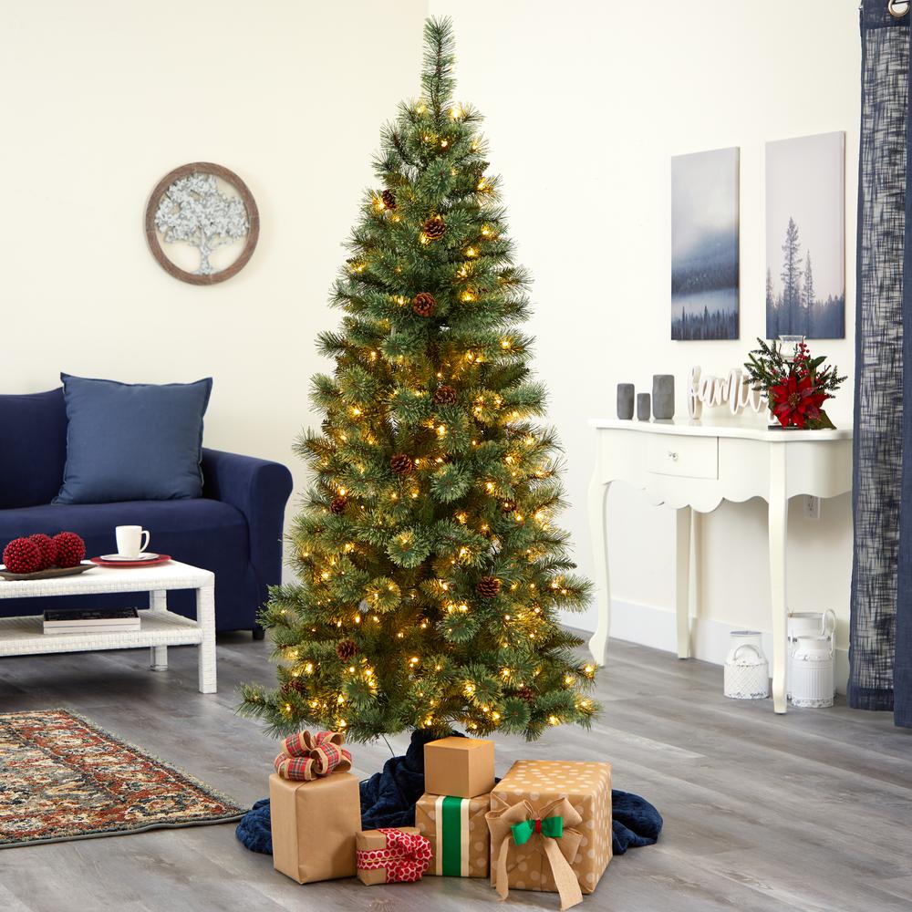 6ft. White Mountain Pine Artificial Christmas Tree with 300 Clear LED Lights and Pine Cones. Picture 6