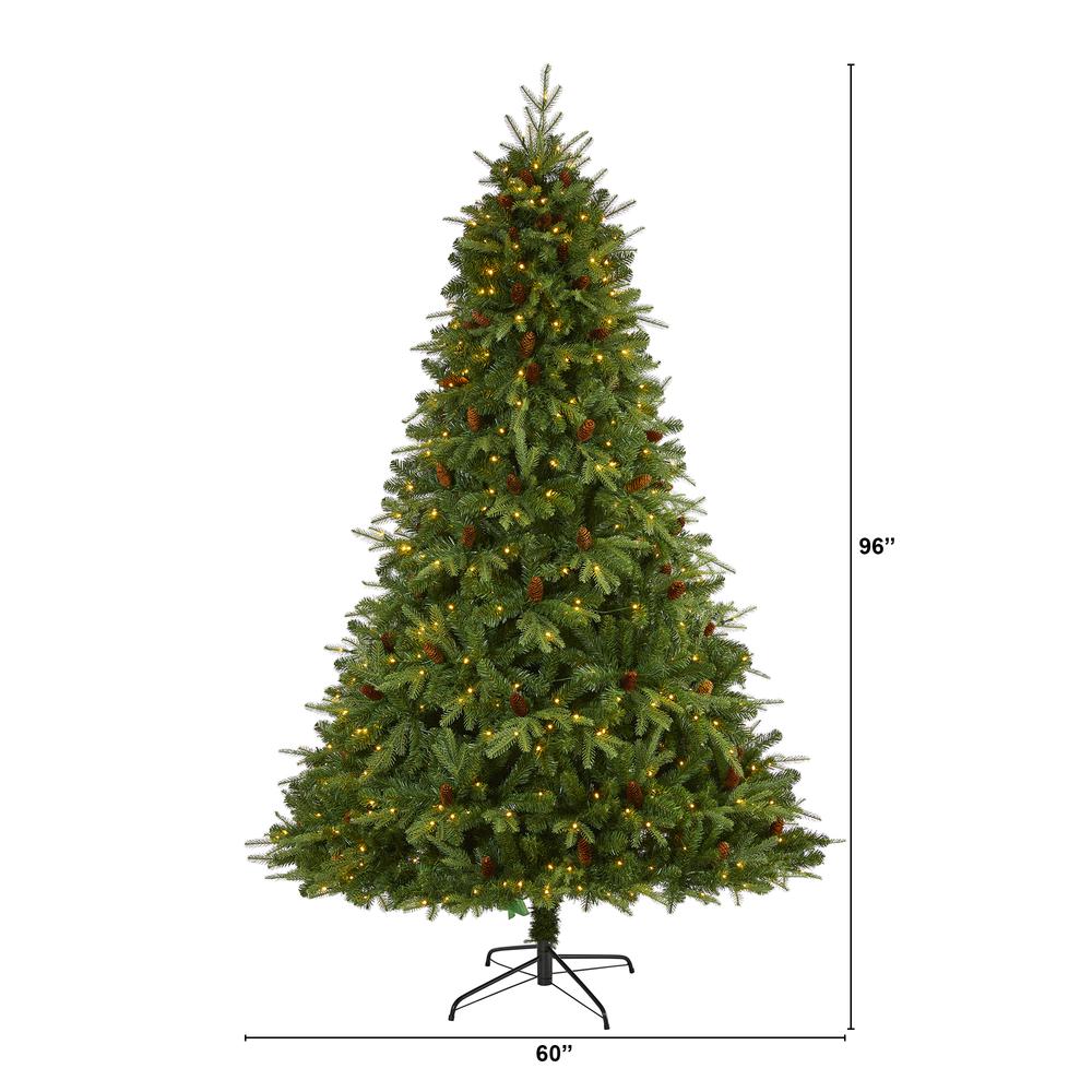 8ft. Wellington Spruce Natural Look Artificial Christmas Tree with 550 Clear LED Lights and Pine Cones. Picture 1