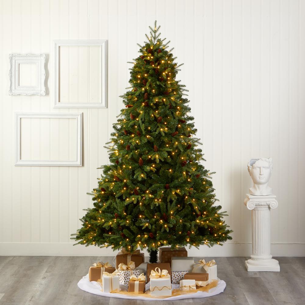 8ft. Wellington Spruce Natural Look Artificial Christmas Tree with 550 Clear LED Lights and Pine Cones. Picture 7