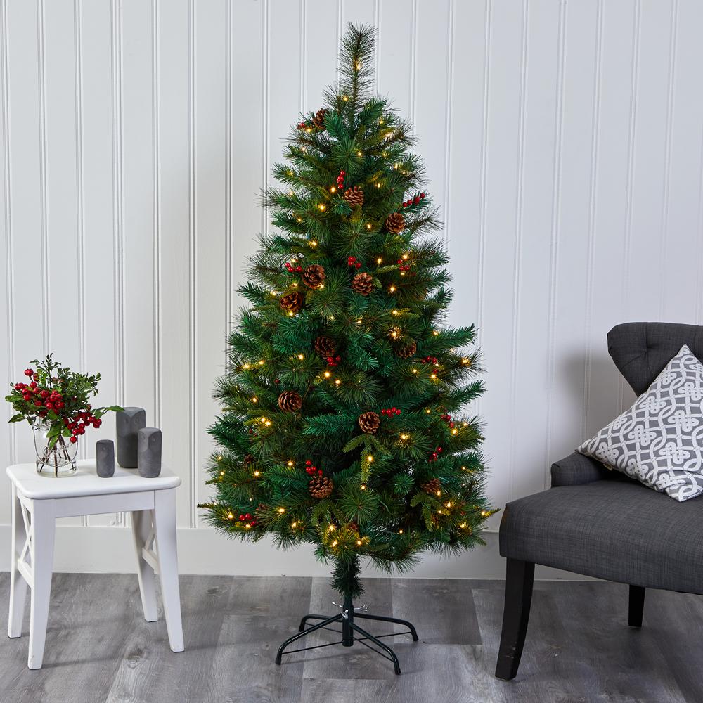 5ft. Mixed Pine Artificial Christmas Tree with 150 Clear LED Lights, Pine Cones and Berries. Picture 7