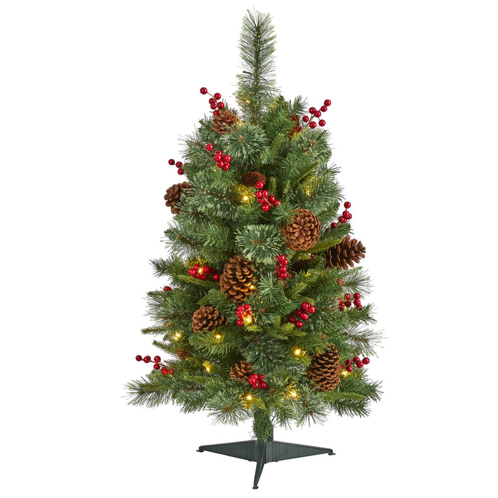 3ft. Norway Mixed Pine Artificial Christmas Tree with 50 Clear LED Lights, Pine Cones and Berries. Picture 2