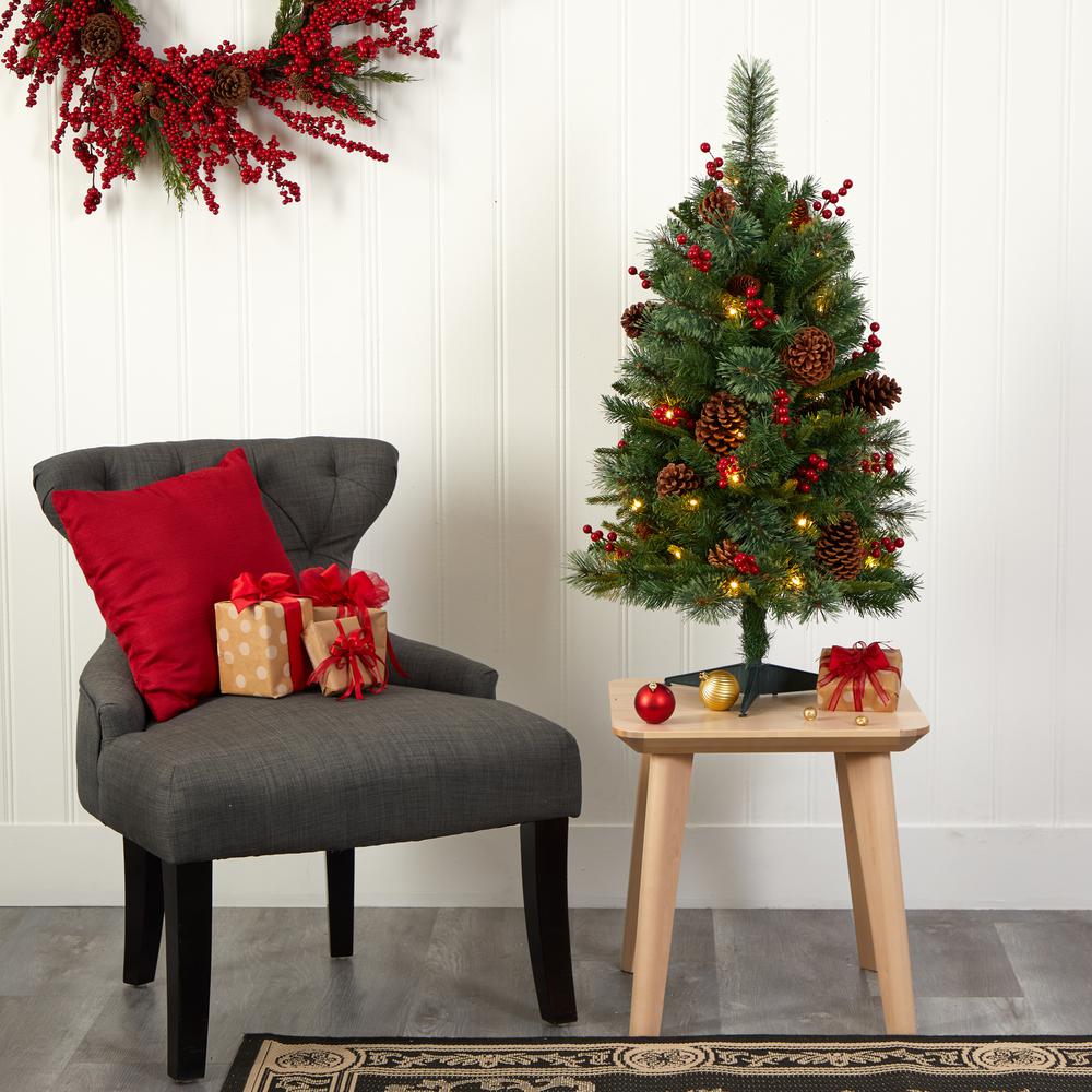 3ft. Norway Mixed Pine Artificial Christmas Tree with 50 Clear LED Lights, Pine Cones and Berries. Picture 7