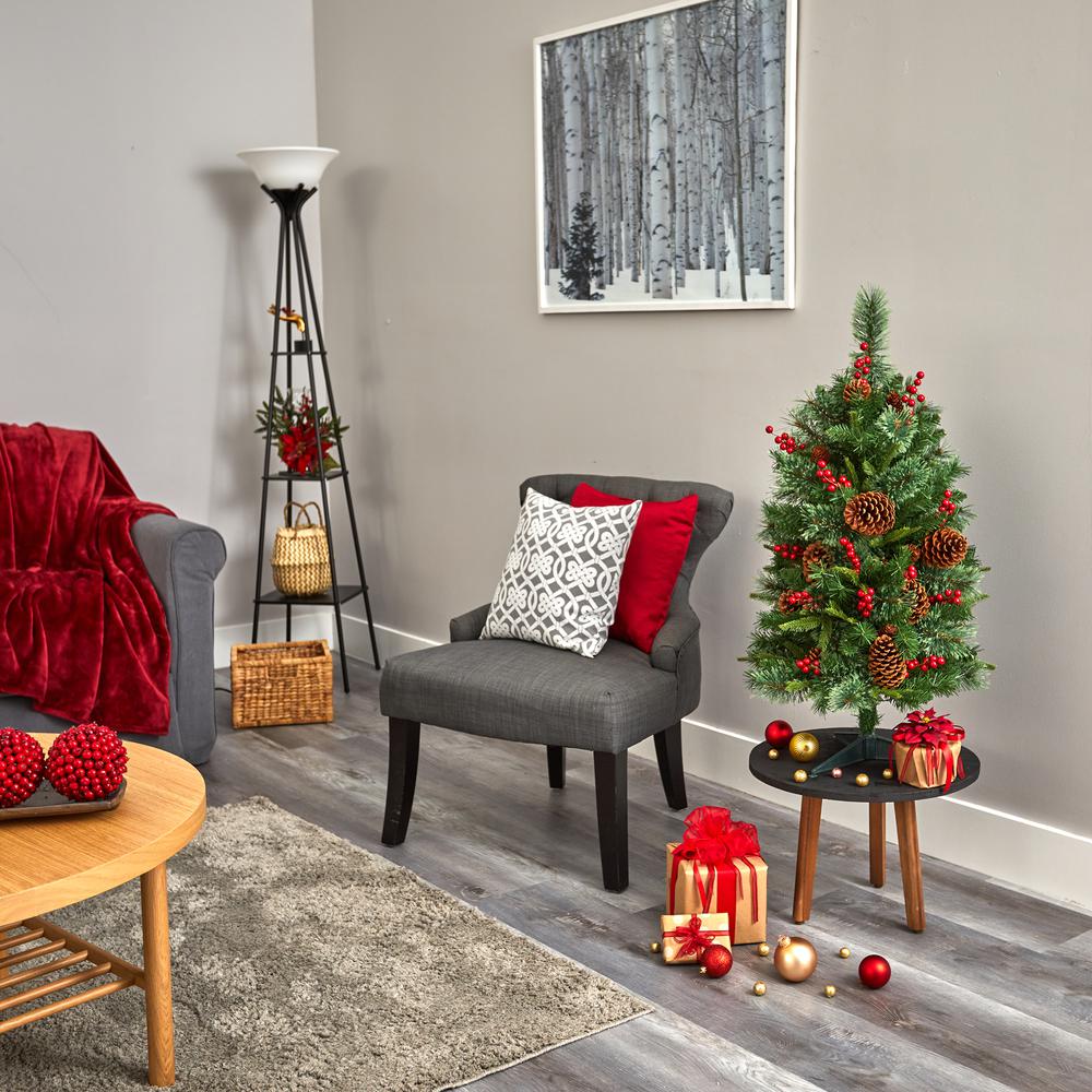 3ft. Norway Mixed Pine Artificial Christmas Tree with 50 Clear LED Lights, Pine Cones and Berries. Picture 6