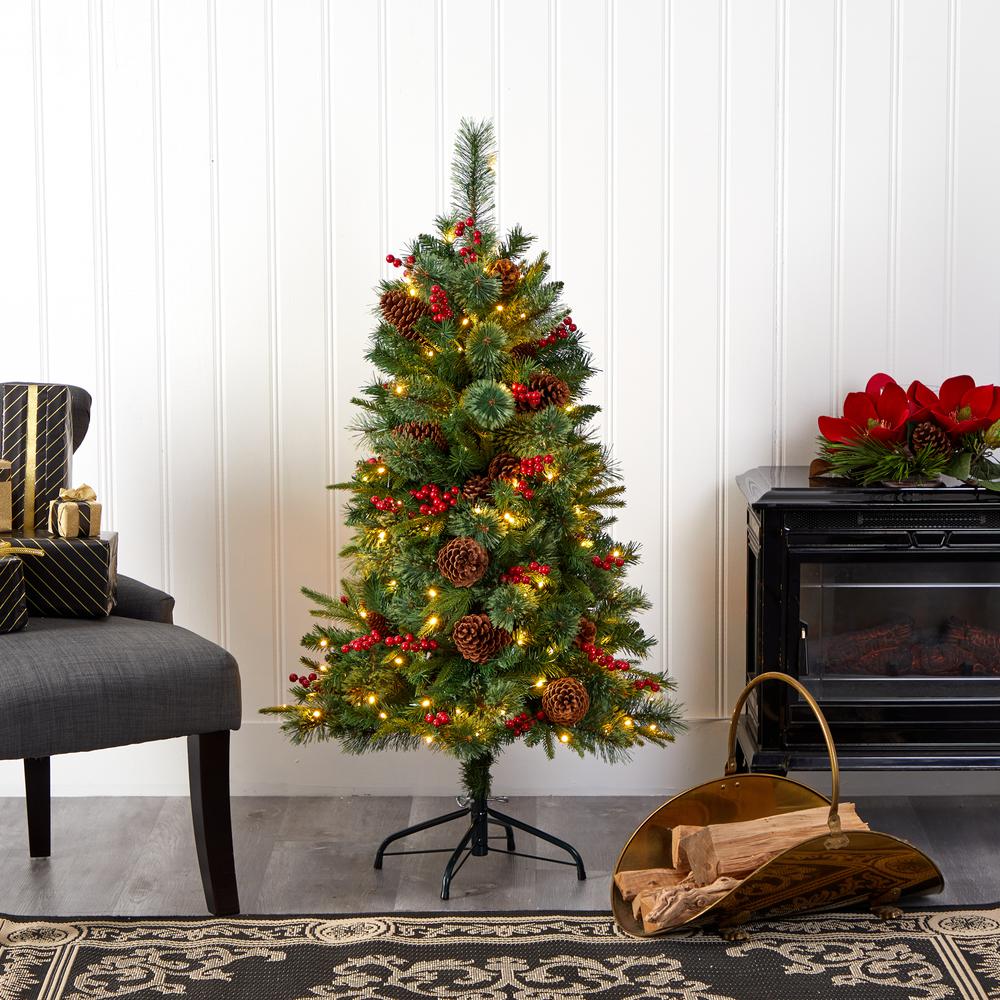 4ft. Norway Mixed Pine Artificial Christmas Tree with 150 Clear LED Lights, Pine Cones and Berries. Picture 7