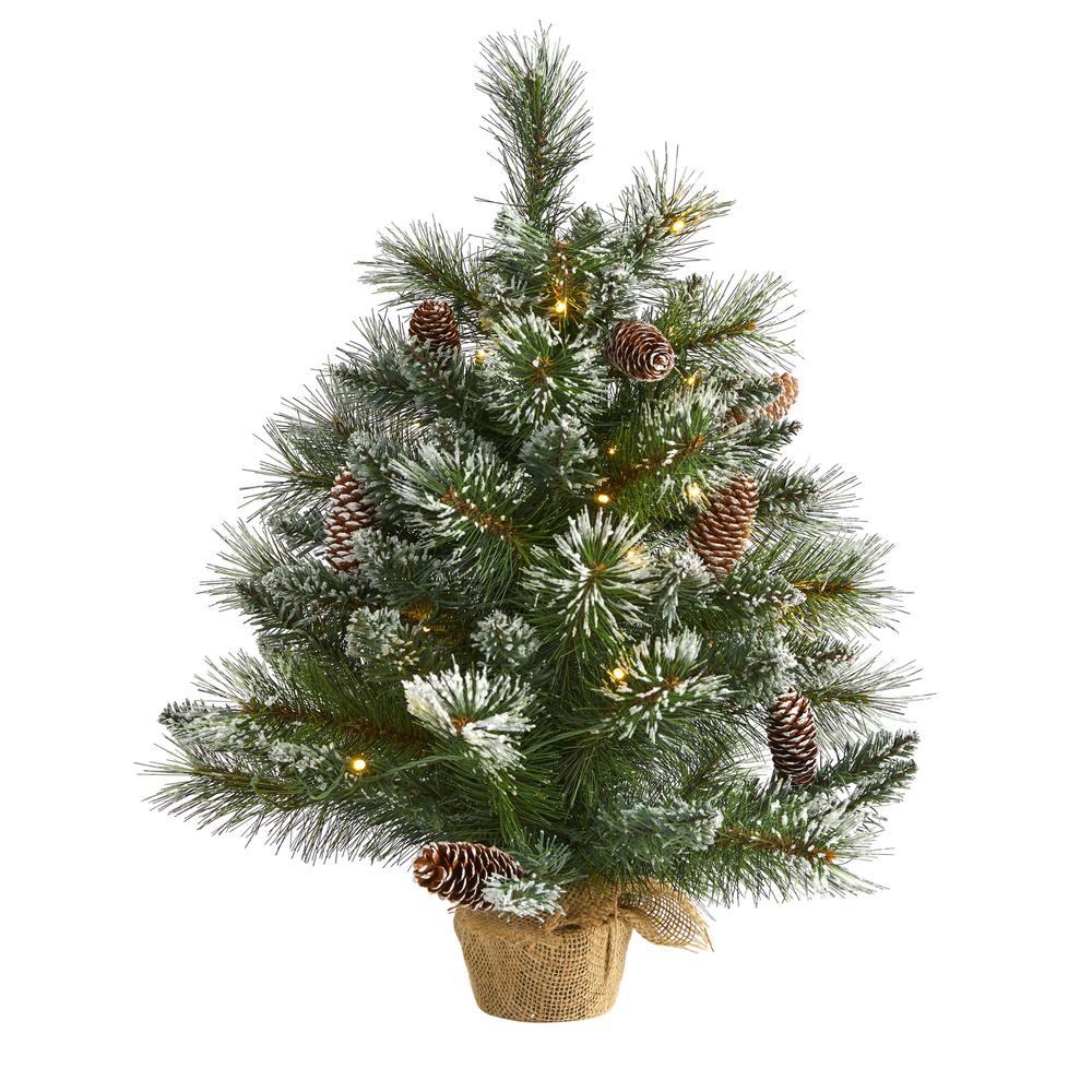 2ft. Frosted Pine Artificial Christmas Tree with 35 Clear LED Lights, Pinecones and Burlap Base. Picture 3