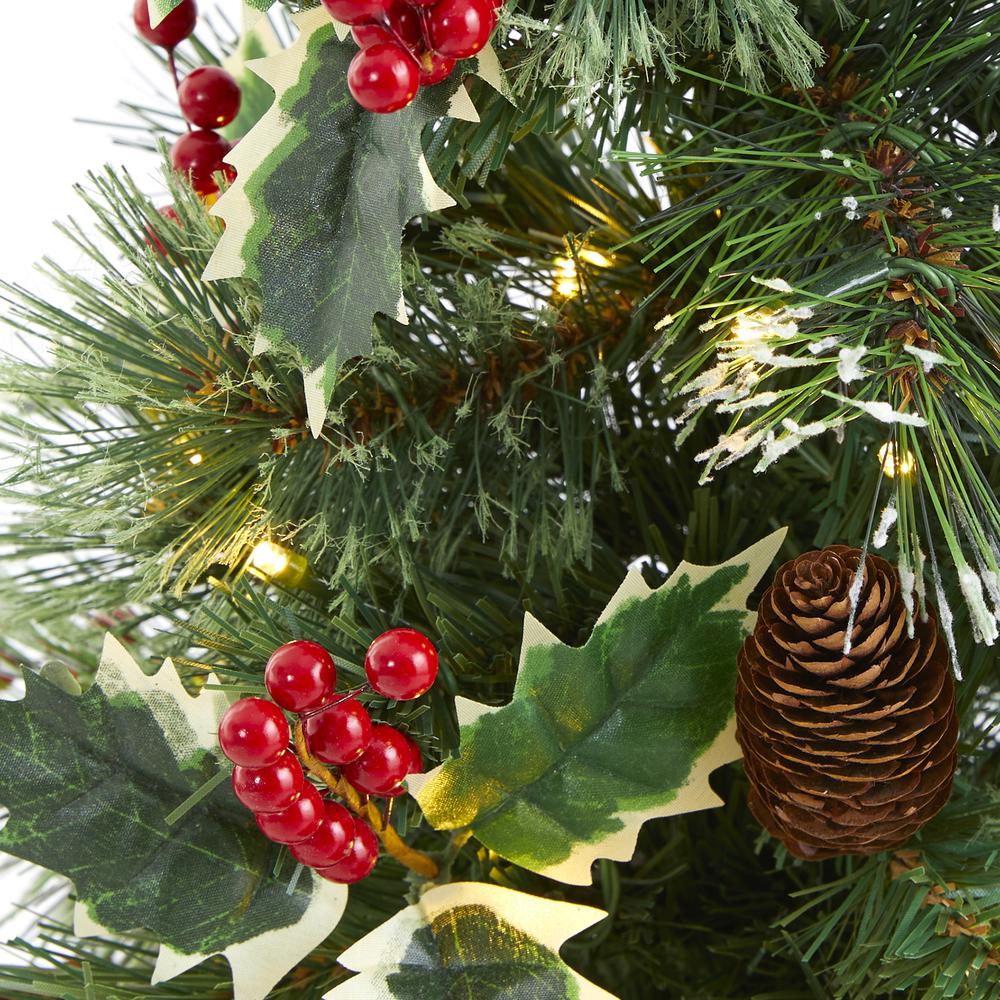 18in. Mixed Pine Artificial Christmas Tree with Holly Berries, Pinecones, 35 Clear LED Lights and Burlap Base. Picture 2