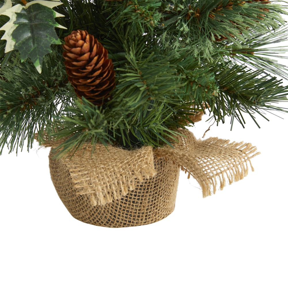 18in. Mixed Pine Artificial Christmas Tree with Holly Berries, Pinecones, 35 Clear LED Lights and Burlap Base. Picture 3