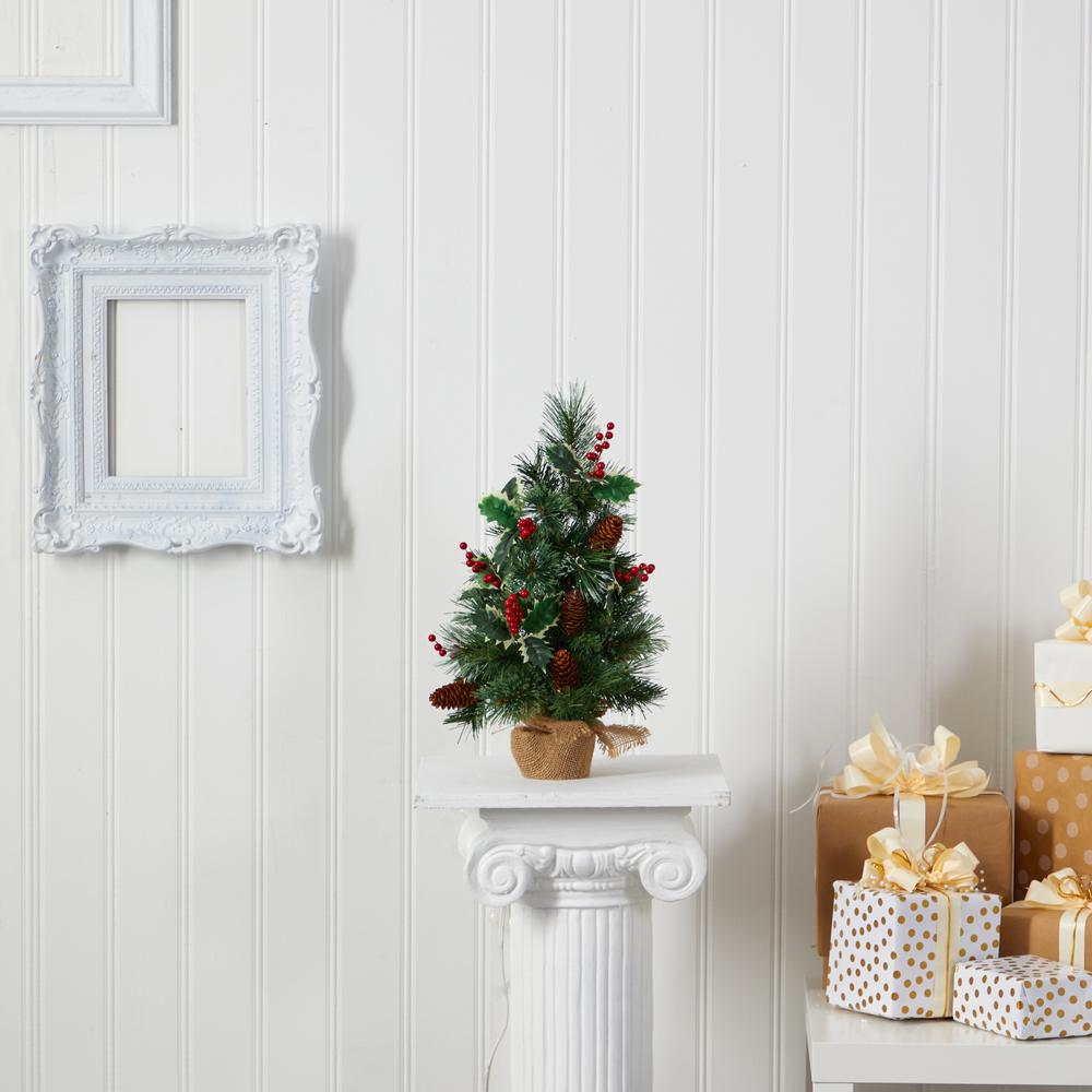 18in. Mixed Pine Artificial Christmas Tree with Holly Berries, Pinecones, 35 Clear LED Lights and Burlap Base. Picture 4