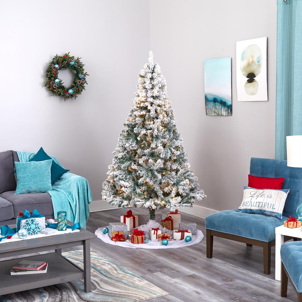 7ft. Flocked Rock Springs Spruce Artificial Christmas Tree with 350 Clear LED Lights and 800 Bendable Branches. Picture 6