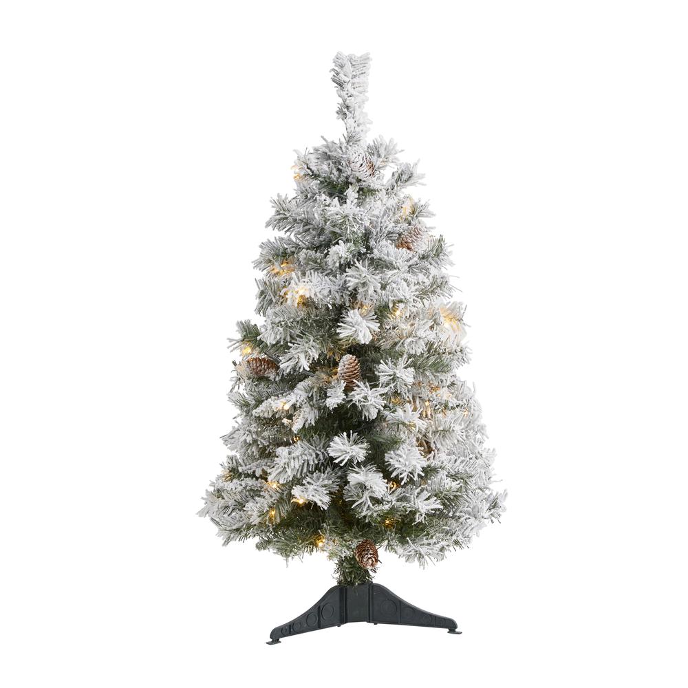 3ft. Flocked White River Mountain Pine Artificial Christmas Tree with Pinecones and 50 Clear LED Lights. Picture 1