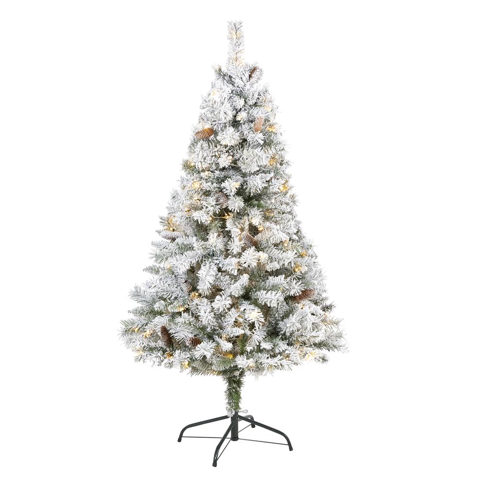 5ft. Flocked White River Mountain Pine Artificial Christmas Tree with Pinecones and 150 Clear LED Lights. Picture 1