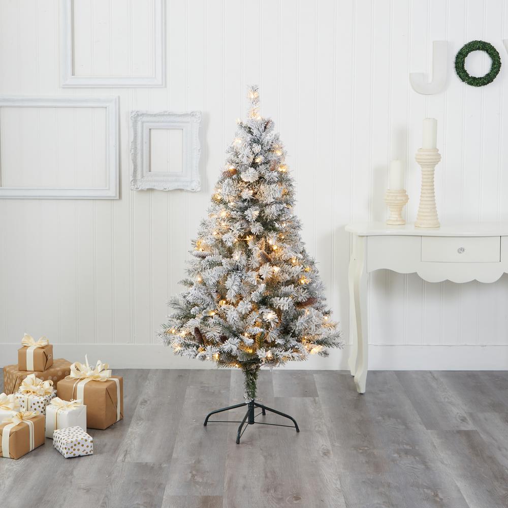 5ft. Flocked White River Mountain Pine Artificial Christmas Tree with Pinecones and 150 Clear LED Lights. Picture 5