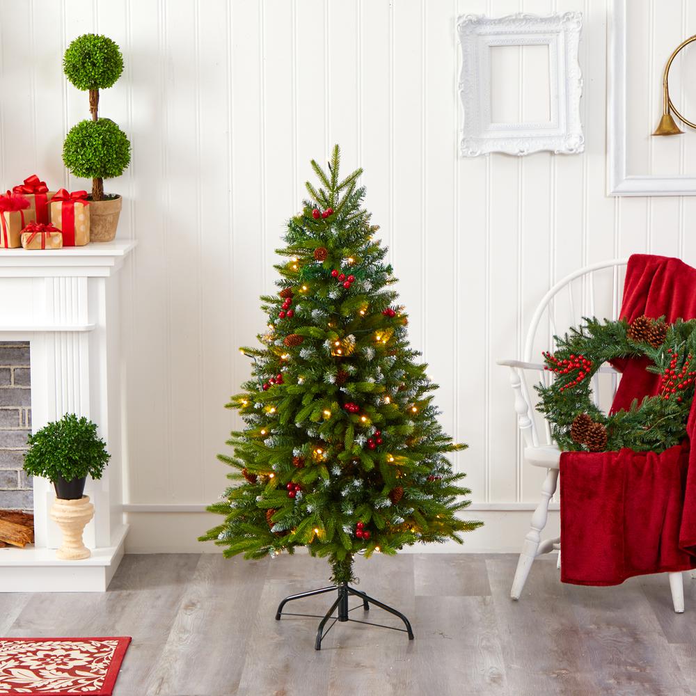4ft. Snow Tipped Portland Spruce Artificial Christmas Tree with Frosted Berries and Pinecones with 100 Clear LED Lights. Picture 7