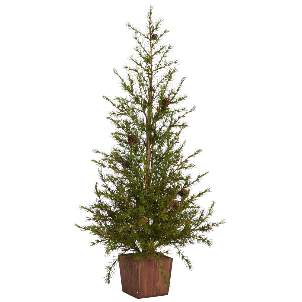3ft. Alpine Natural Look Artificial Christmas Tree in Wood Planter with Pine Cones. Picture 4