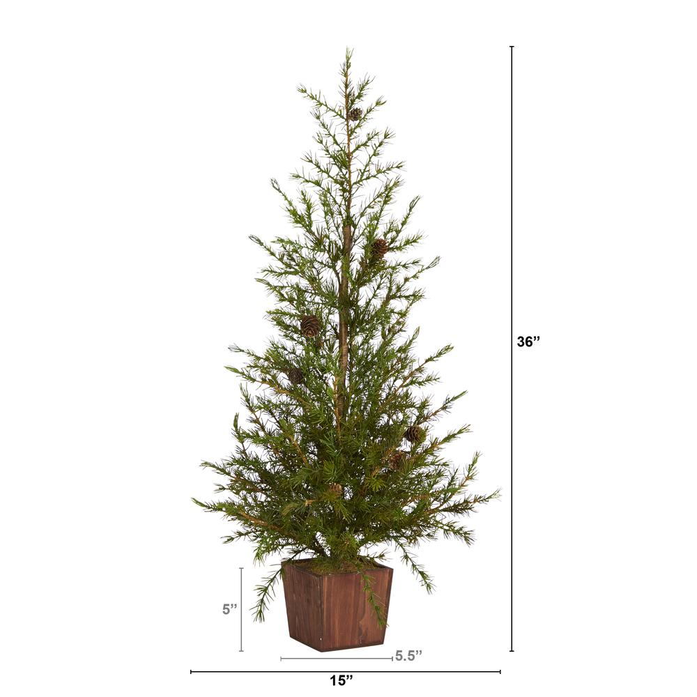 3ft. Alpine Natural Look Artificial Christmas Tree in Wood Planter with Pine Cones. Picture 1