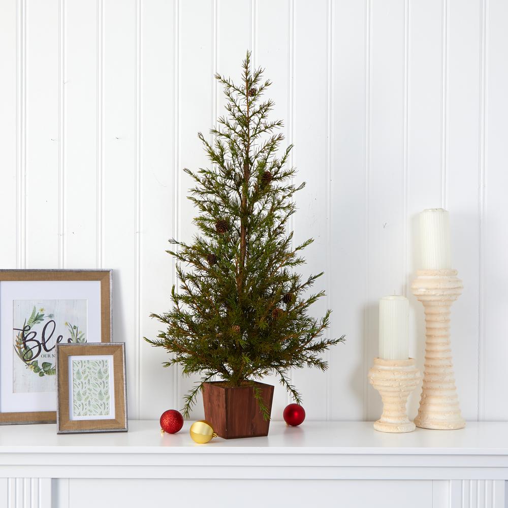 3ft. Alpine Natural Look Artificial Christmas Tree in Wood Planter with Pine Cones. Picture 3
