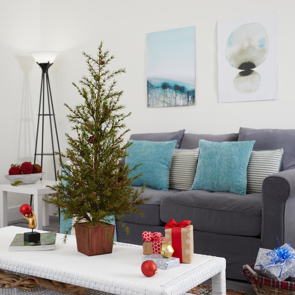 3ft. Alpine Natural Look Artificial Christmas Tree in Wood Planter with Pine Cones. Picture 2