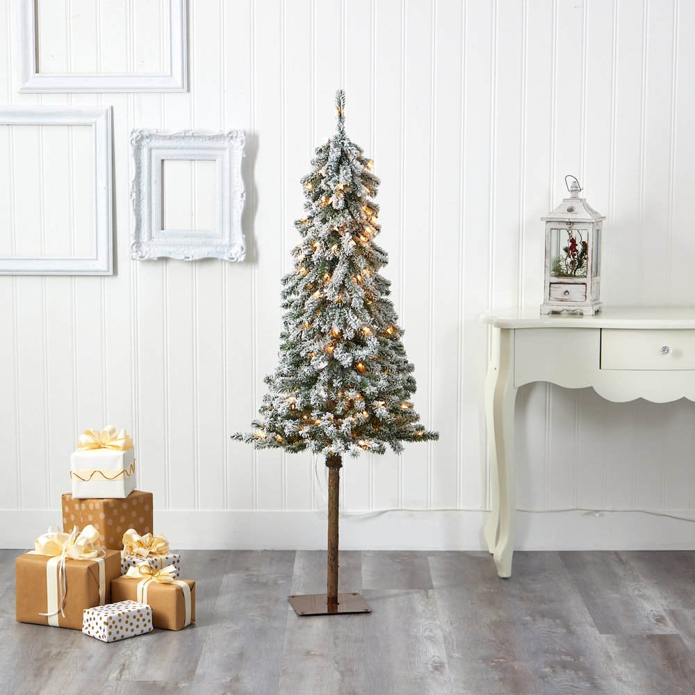 5ft. Flocked Alpine Christmas Artificial Tree with 150 Lights. Picture 5