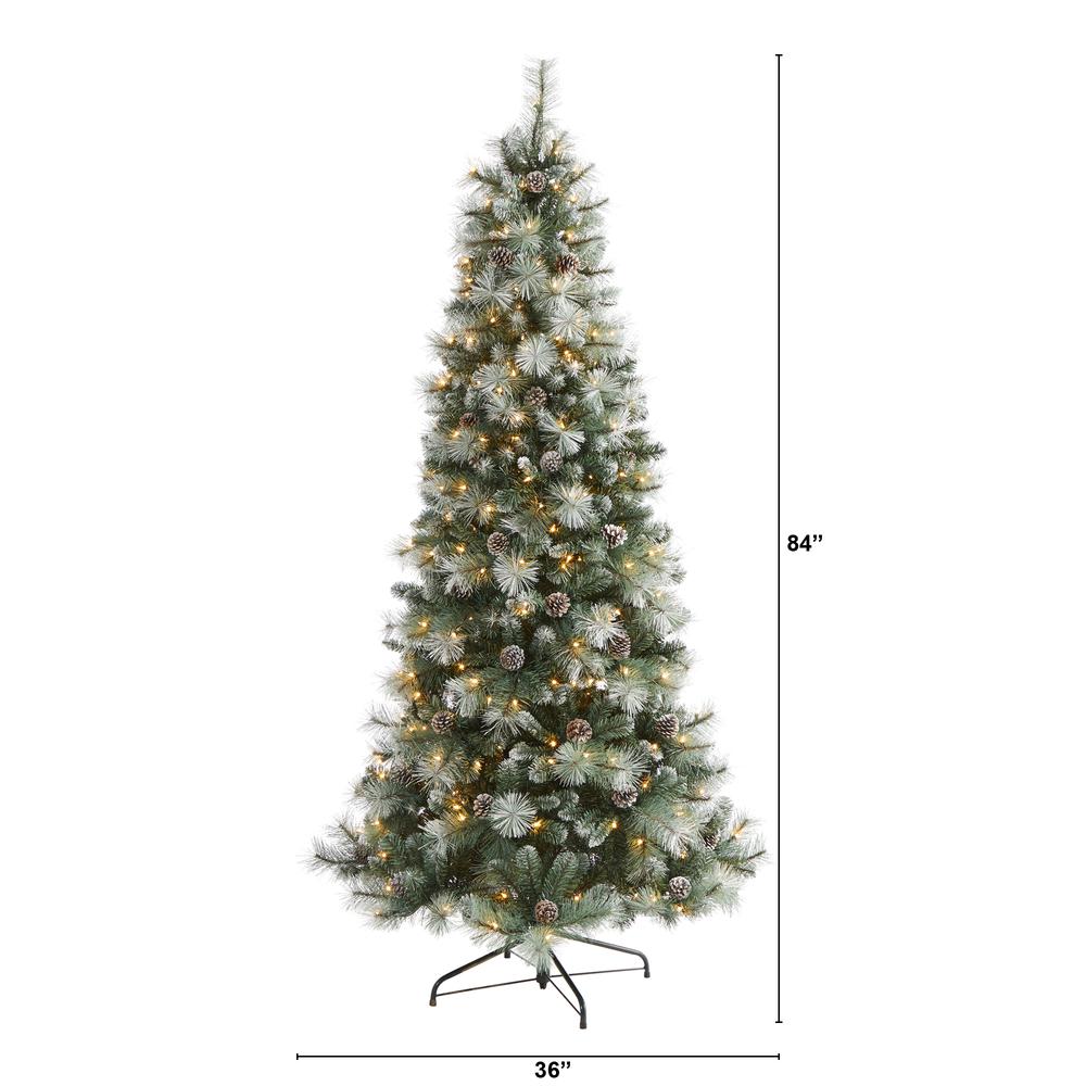 7ft. Frosted Tip British Columbia Mountain Pine Artificial Christmas Tree with 400 Clear Lights, Pine Cones and 882 Bendable Branches. Picture 1