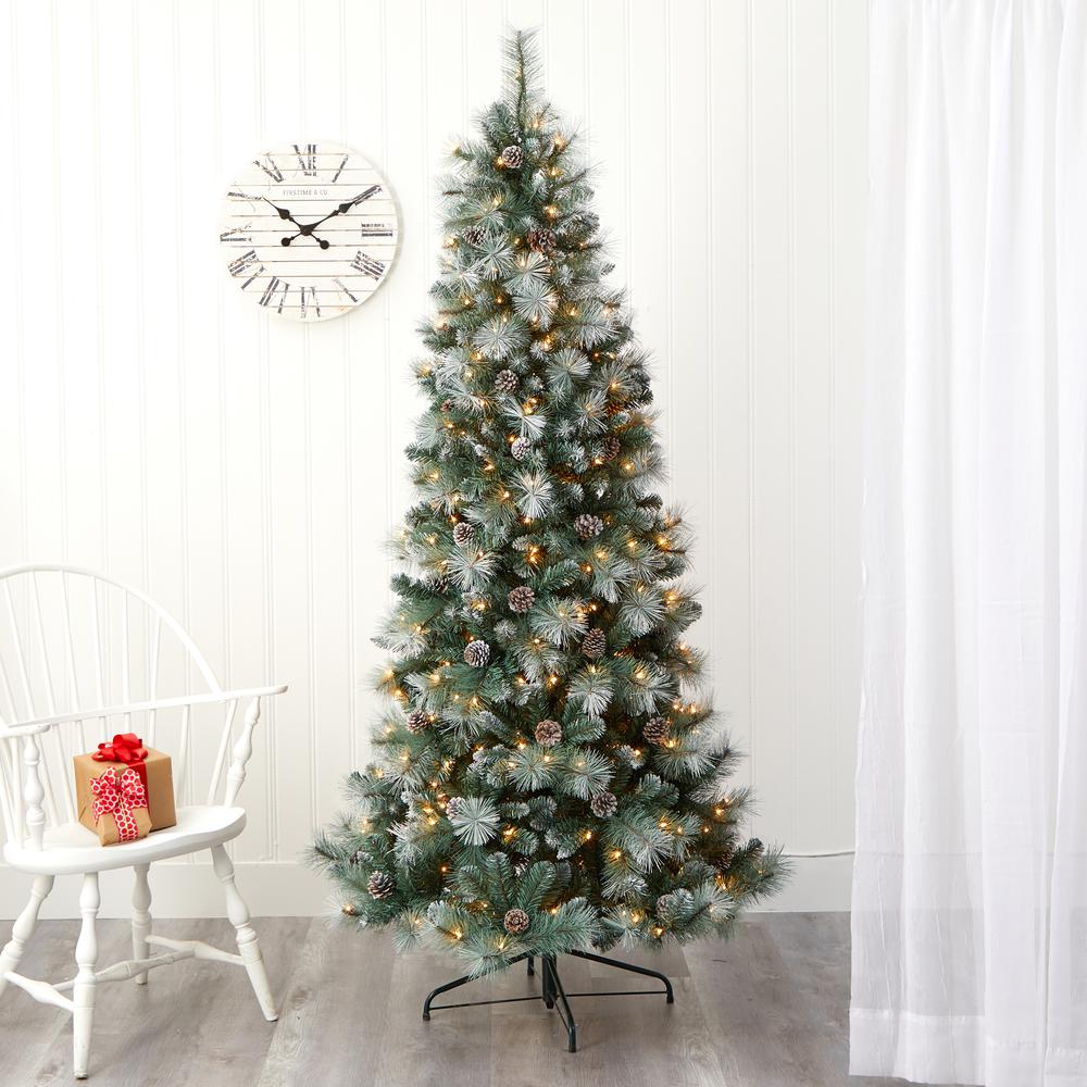 7ft. Frosted Tip British Columbia Mountain Pine Artificial Christmas Tree with 400 Clear Lights, Pine Cones and 882 Bendable Branches. Picture 10