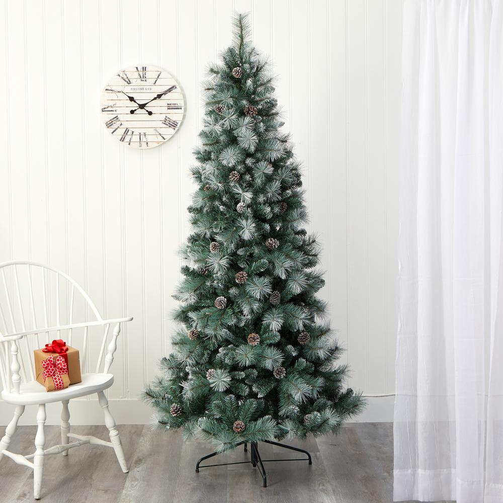 7ft. Frosted Tip British Columbia Mountain Pine Artificial Christmas Tree with 400 Clear Lights, Pine Cones and 882 Bendable Branches. Picture 7