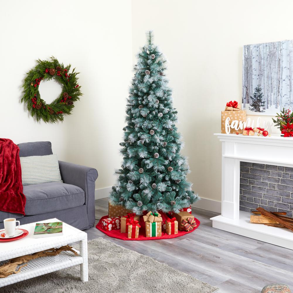 7ft. Frosted Tip British Columbia Mountain Pine Artificial Christmas Tree with 400 Clear Lights, Pine Cones and 882 Bendable Branches. Picture 8