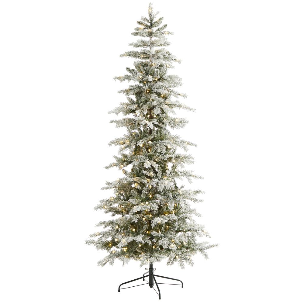 7.5ft. Slim Flocked Nova Scotia Spruce Artificial Christmas Tree. Picture 1