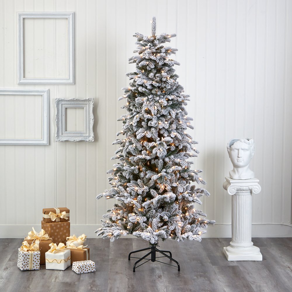 7ft. Flocked North Carolina Fir Artificial Christmas Tree with 550 Warm Lights. Picture 5