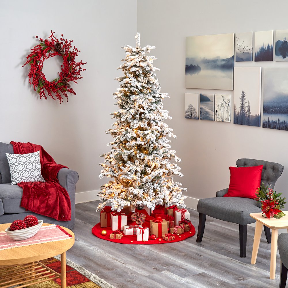 7ft. Flocked North Carolina Fir Artificial Christmas Tree with 550 Warm Lights. Picture 6