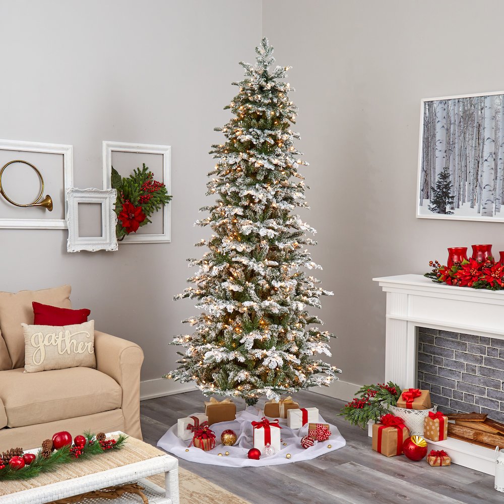 8ft. Flocked North Carolina Fir Artificial Christmas Tree with 650 Warm Lights. Picture 6