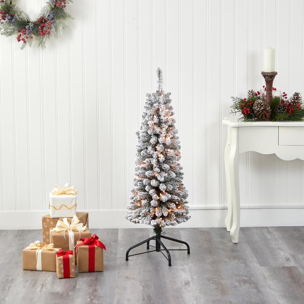 4ft. Flocked Pencil Artificial Christmas Tree with 100 Clear Lights and 216 Bendable Branches. Picture 7