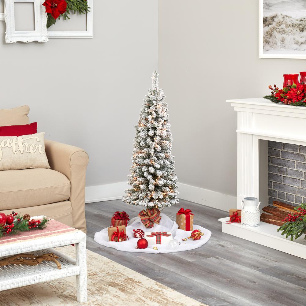 4ft. Flocked Pencil Artificial Christmas Tree with 100 Clear Lights and 216 Bendable Branches. Picture 5