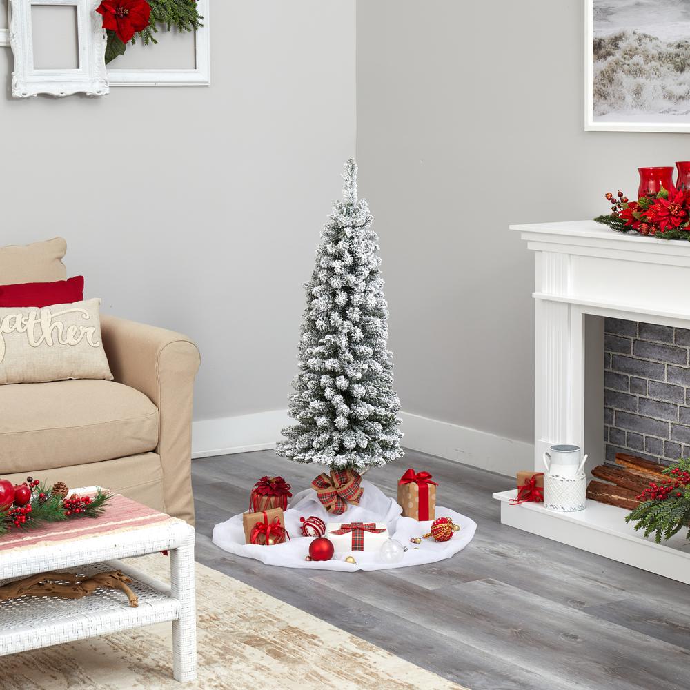 4ft. Flocked Pencil Artificial Christmas Tree with 100 Clear Lights and 216 Bendable Branches. Picture 6