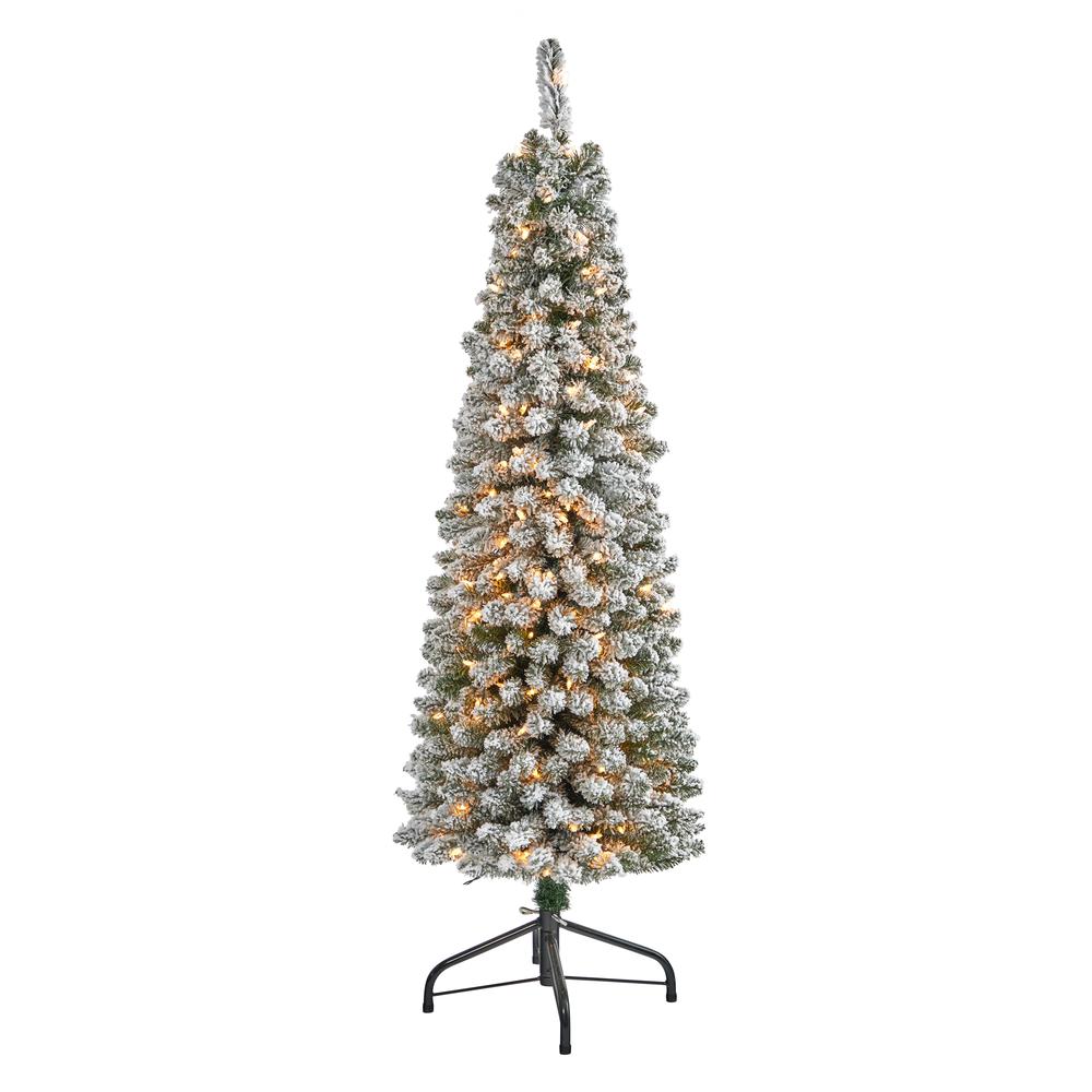 5ft. Flocked Pencil Artificial Christmas Tree with 200 Clear Lights and 318 Bendable Branches. Picture 3
