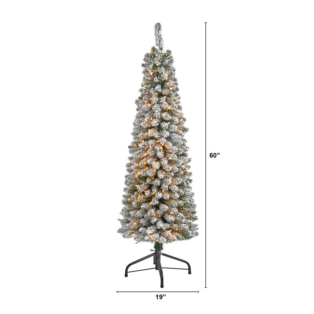 5ft. Flocked Pencil Artificial Christmas Tree with 200 Clear Lights and 318 Bendable Branches. Picture 1