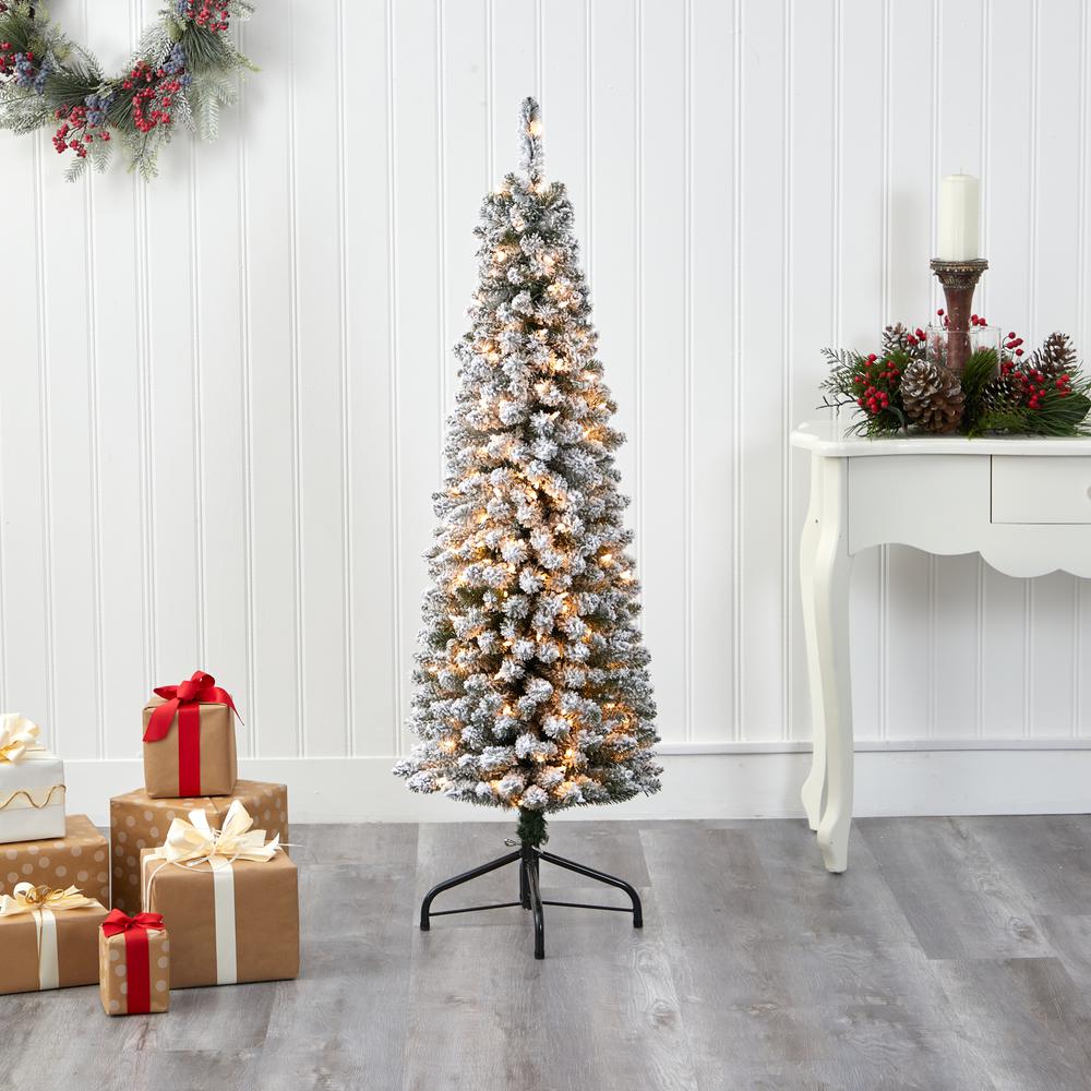 5ft. Flocked Pencil Artificial Christmas Tree with 200 Clear Lights and 318 Bendable Branches. Picture 7