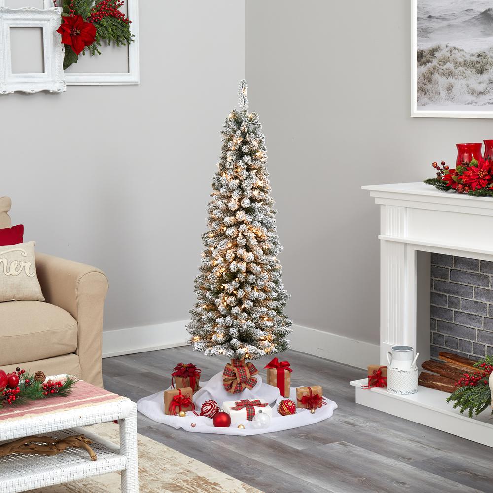 5ft. Flocked Pencil Artificial Christmas Tree with 200 Clear Lights and 318 Bendable Branches. Picture 5