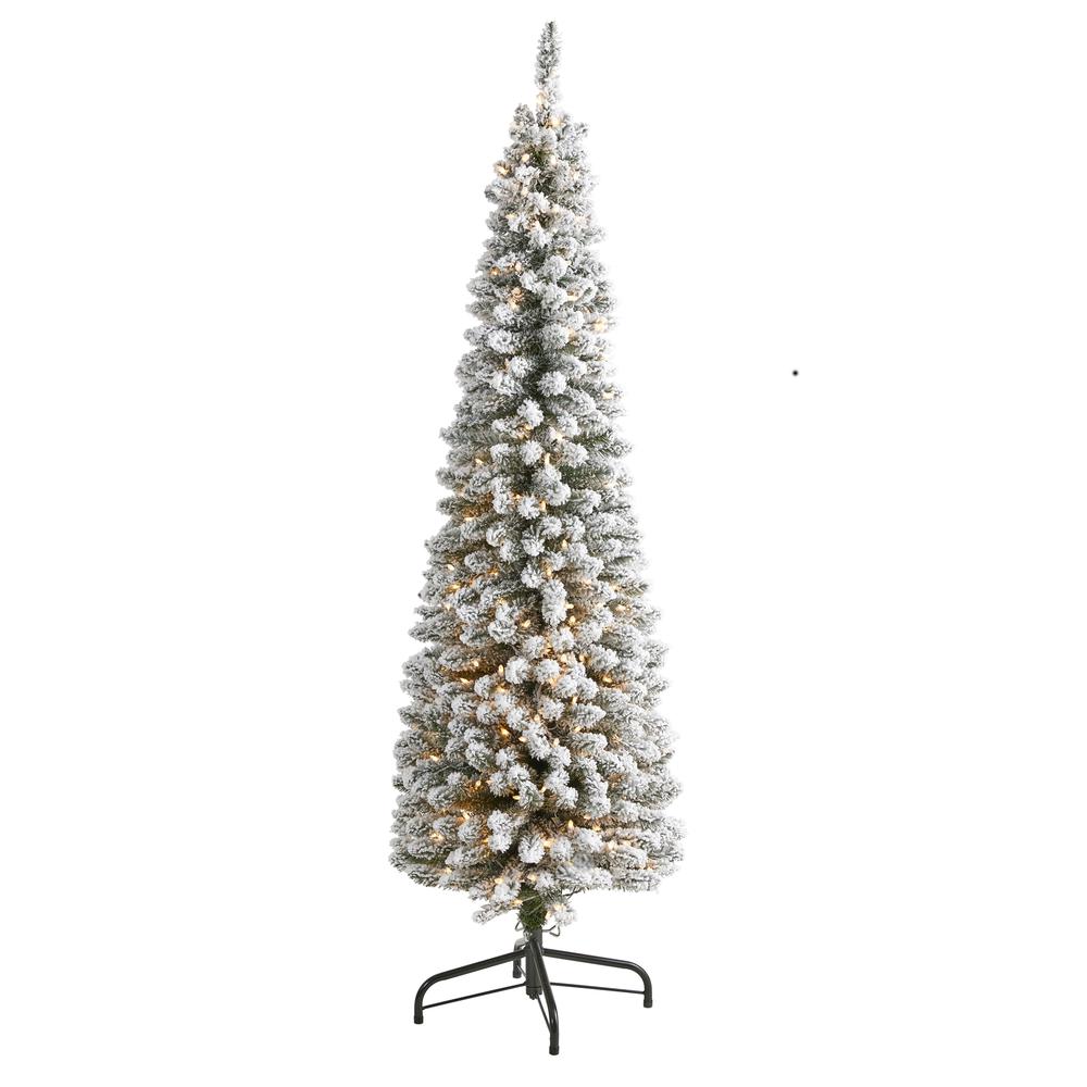 6ft. Flocked Pencil Artificial Christmas Tree with 300 Clear Lights and 438 Bendable Branches. Picture 4