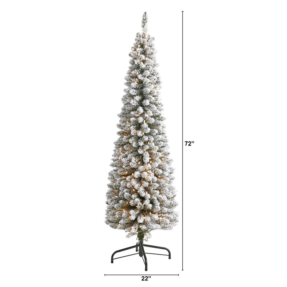 6ft. Flocked Pencil Artificial Christmas Tree with 300 Clear Lights and 438 Bendable Branches. Picture 1