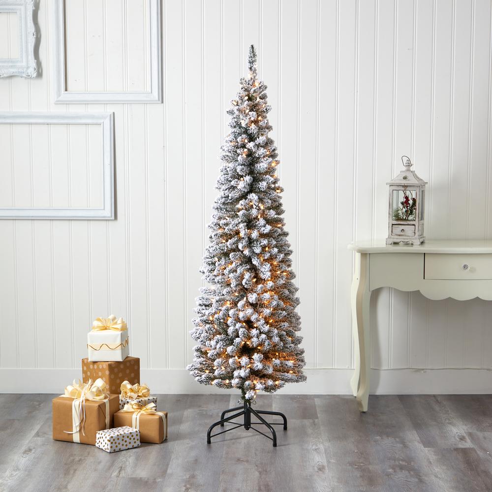 6ft. Flocked Pencil Artificial Christmas Tree with 300 Clear Lights and 438 Bendable Branches. Picture 7