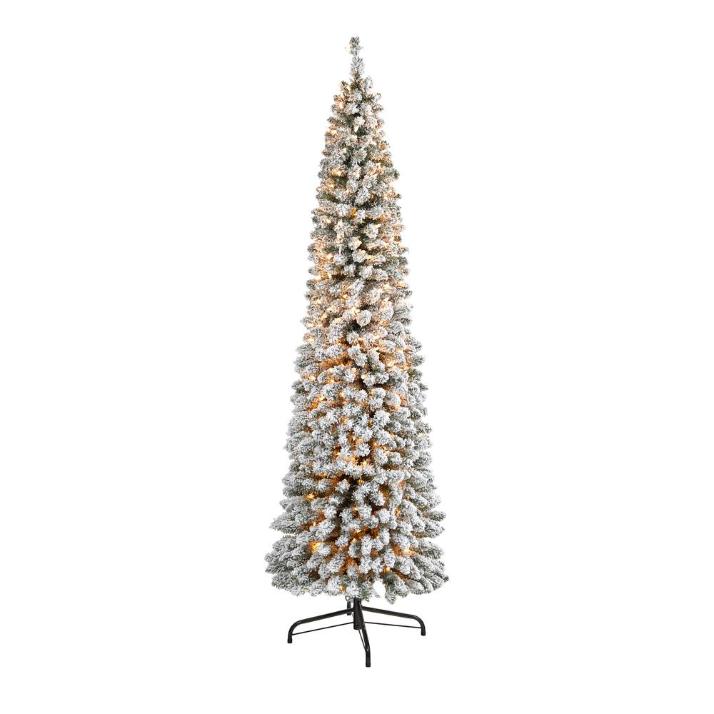 7ft. Flocked Pencil Artificial Christmas Tree with 400 Clear Lights and 574 Bendable Branches. Picture 5