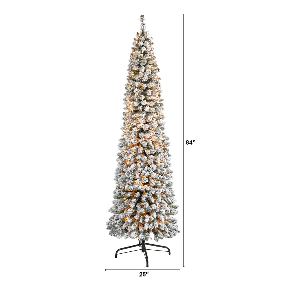 7ft. Flocked Pencil Artificial Christmas Tree with 400 Clear Lights and 574 Bendable Branches. Picture 1
