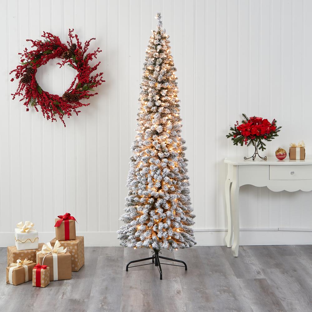 7ft. Flocked Pencil Artificial Christmas Tree with 400 Clear Lights and 574 Bendable Branches. Picture 4