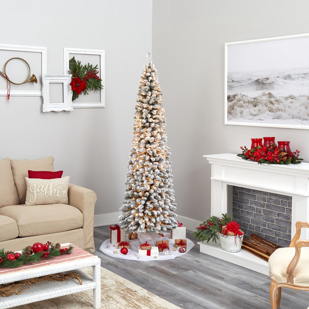 7ft. Flocked Pencil Artificial Christmas Tree with 400 Clear Lights and 574 Bendable Branches. Picture 6