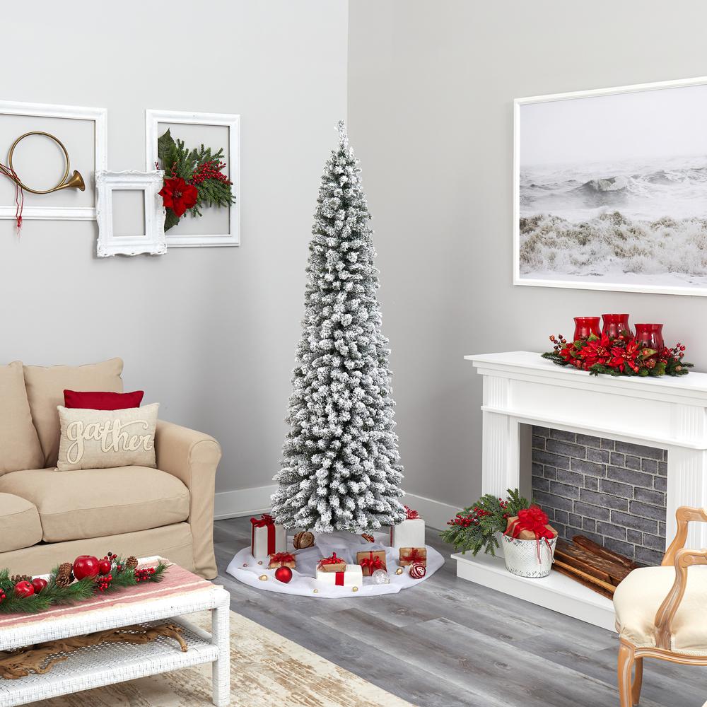 7ft. Flocked Pencil Artificial Christmas Tree with 400 Clear Lights and 574 Bendable Branches. Picture 7