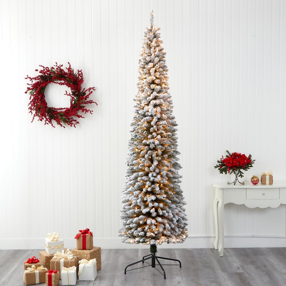 9ft. Flocked Pencil Artificial Christmas Tree with 600 Clear Lights. Picture 5