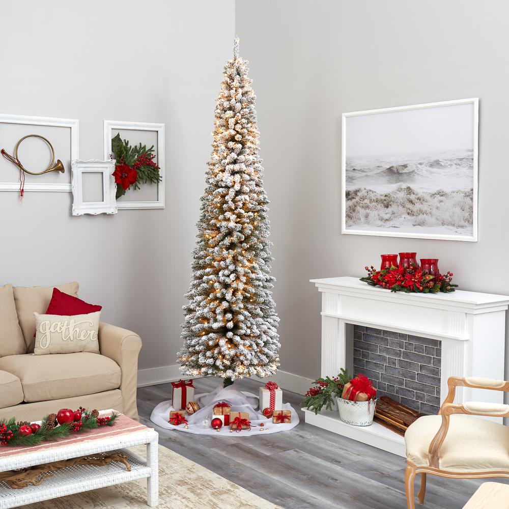 9ft. Flocked Pencil Artificial Christmas Tree with 600 Clear Lights. Picture 6