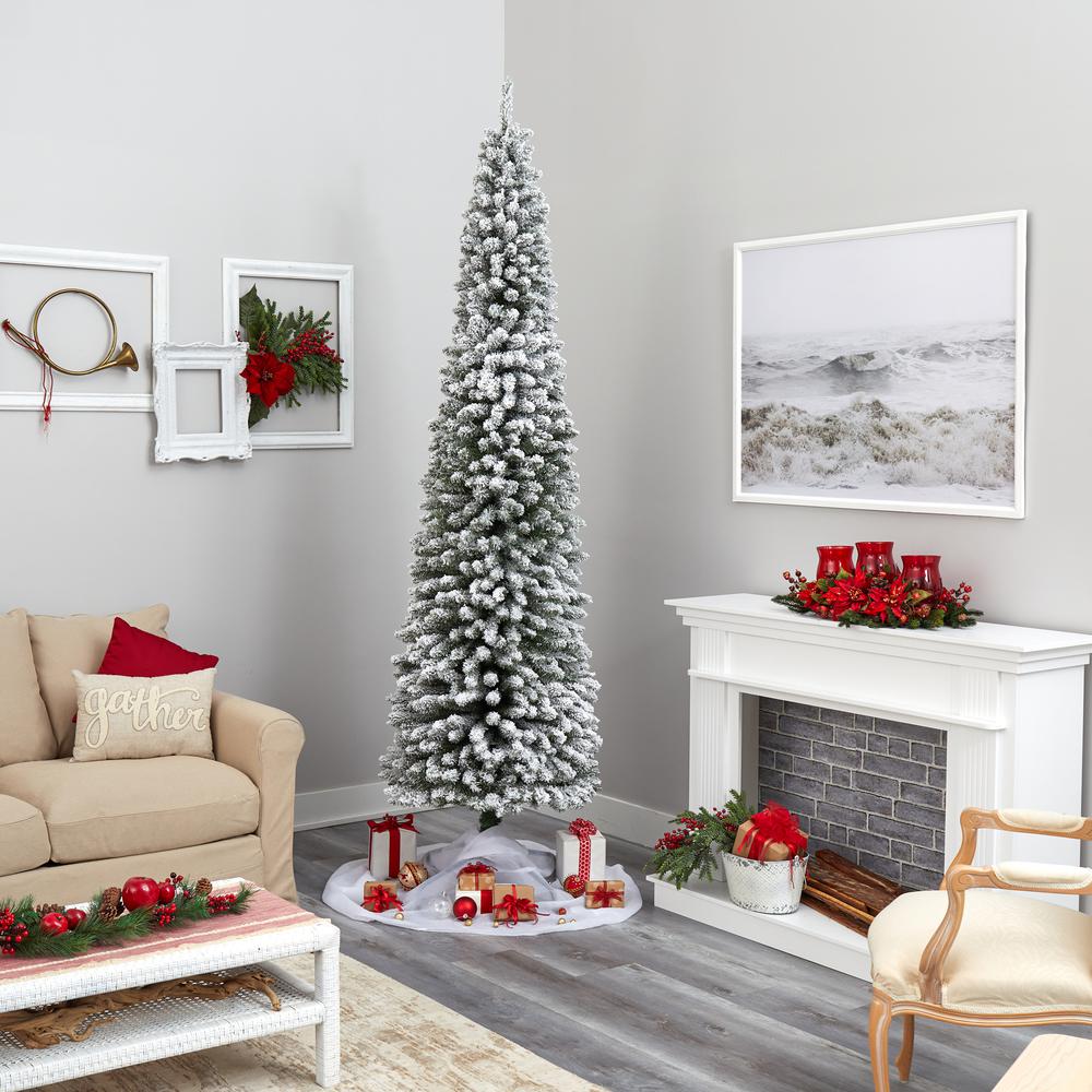 9ft. Flocked Pencil Artificial Christmas Tree with 600 Clear Lights. Picture 7